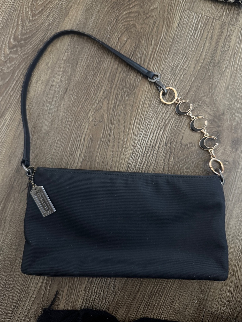 Coach Black Shoulder Bag with Gold Ring Chain Accent